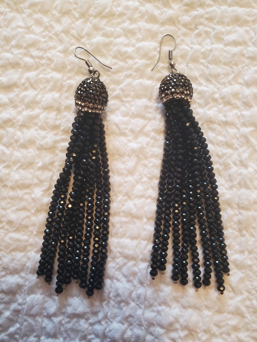 Dangle Earrings With Grey And Clear Crystal Accents & Black Beaded Tassel Fringe